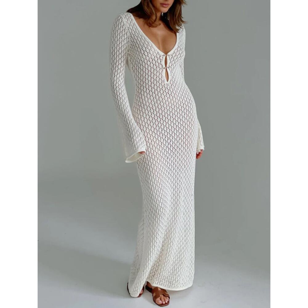 Commense Cover Up Long Sleeve Open Back Long Dress open knit white maxi dress